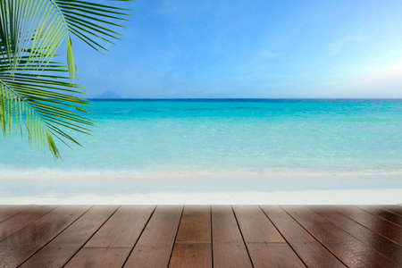 Top of wood table with sea ,sky and coconut tree background - Empty ready for your product display...