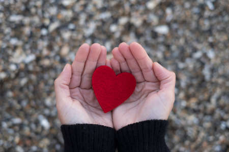 red heart between the hands of a woman on a background of beach stones.concept of san valentineの写真素材