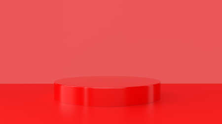 Red product stand on red background. Abstract minimal geometry concept. Studio podium platform theme. Exhibition and business marketing presentation stage. 3D illustration rendering graphic designの写真素材
