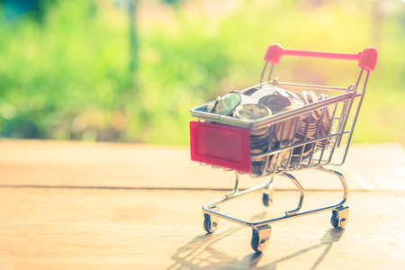 Shopping cart on wooden table with coins in outdoor nature background. Money saving and income concept idea. Selective focus on coin. Pastel toneの写真素材
