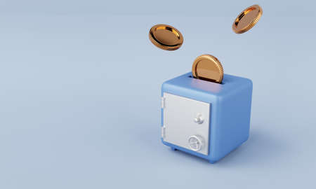 Safe box with dropping and collecting golden coins on blue background. Financial economic and money savings security concept. 3D illustration concept.の写真素材