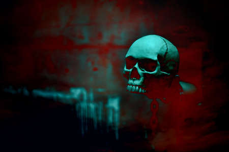 Skull skeleton with chain in red blood background, Halloween's day theme, Horror and dark film tone,...
