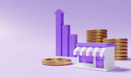 Supermarket store and stacking golden coins with rising profit bar graph on purple background with copy space. Financial business startup owner and economic concept. 3D illustration renderingの写真素材