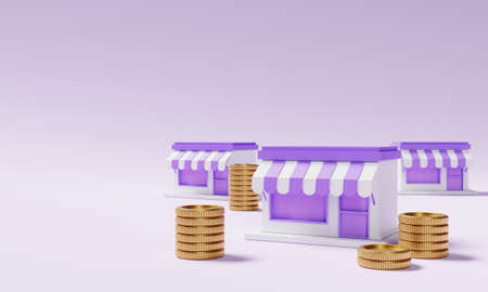Supermarket store with stacking golden coins on purple background. Financial and economic concept....