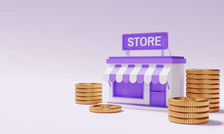 Storefront with money gold coin on purple background and copy space. Business financial and startup entrepreneurship concept. 3D illustration renderingの写真素材