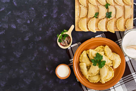 Delicious dumplings with cabbage on dark background. Top view