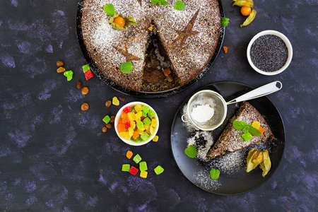 Poppy pie with raisins and candied fruits. Top viewの写真素材