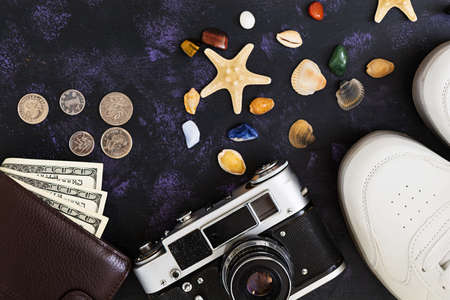 Overhead view of traveler's accessories. Travel concept. Top viewの写真素材