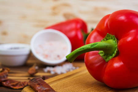 Pepper, tomato, salt, different spice on wooden background