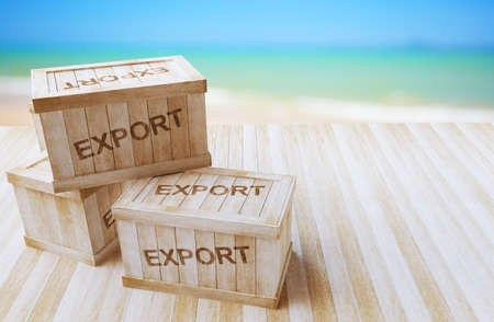 Wooden crate on wood floor and have a background of the sea.
