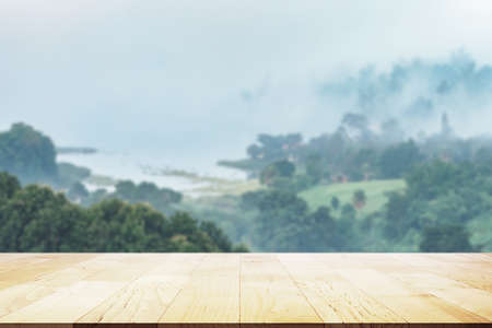 Perspective Wooden for placing the product on mountain backgroundの写真素材