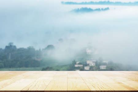 Perspective Wooden for placing the product on mountain backgroundの写真素材