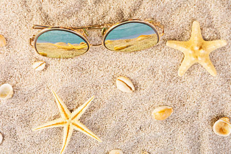 Summer background. Sea sand with seashells, starfish and sunglasses. Summer vacation concept