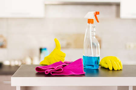 Woman in protective gloves wiping dust using cleaning spray and duster. Cleaning service concept.