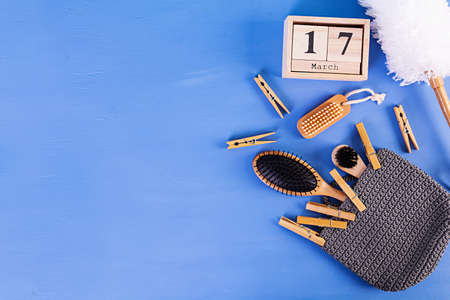 Zero waste bathroom accessories of eco friendly materials, natural sisal brush, wooden comb, pin,...