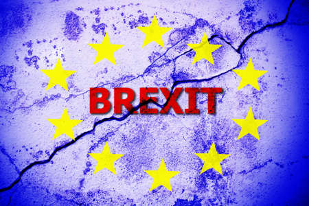 Brexit european and uk text on broken wall. vote for united kingdom exit concept