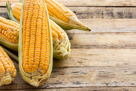 Fresh corn on a wooden table background