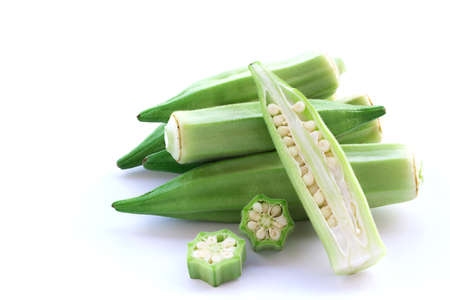Close up fresh okra isolated on a white backgroundの写真素材