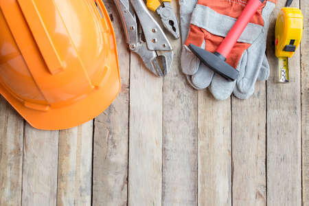 Labor Day is a federal holiday of United States America. Repair equipment and many handy tools. Top view with copy space for use and design. Business and industry concept.の写真素材