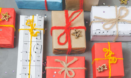Christmas gifts, winter, children and adult holiday new year.Tied with red and yellow threads.