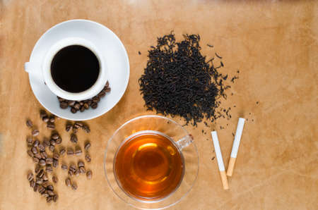 Tea, coffee and cigarettes addiction and habit, from the topの写真素材