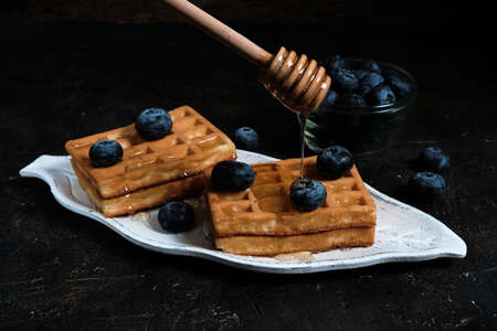 Waffles are laid out on plate, decorated with blueberries, doused with honey from honey spoonの写真素材