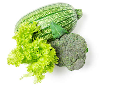 Zucchini, lettuce, broccoli on a white background.Healthy green vegetablesの写真素材
