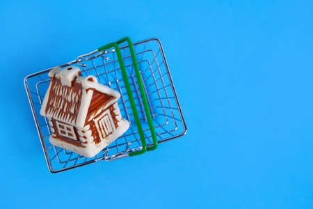 House in metal shopping basket on blue background, concept of buying an apartment or houseの写真素材