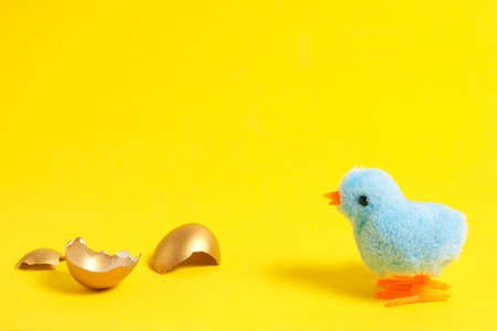 Blue chicken on a yellow background with a broken golden shellの写真素材