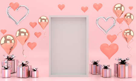 3d interior with balloons, mock up poster frame, gift box in the room. Empty space for party, promotion social media banners, posters. Valentine's Day cardの写真素材