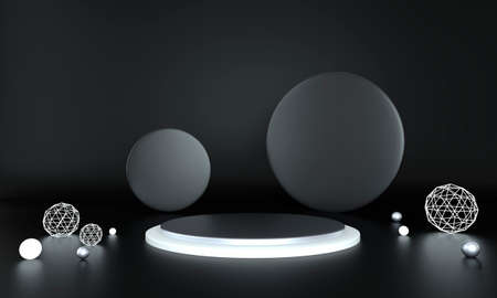 3d rendering studio with geometric shapes, podium on the floor. Platforms for product presentation, mock upの写真素材