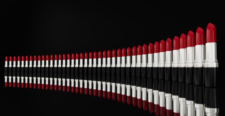 Beautiful lipsticks on black Group of infinite unlimited Lipstick Shades background 3d illustrationの写真素材