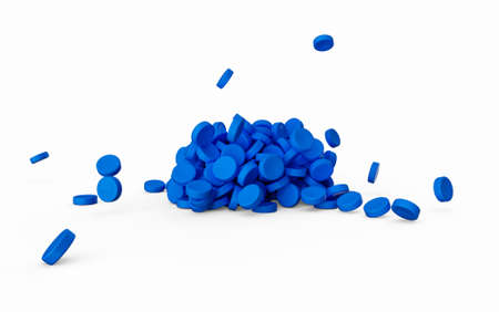 Blue plastic polymer granules on a white background 3d illustrationの写真素材
