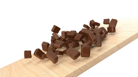 Chocolate Chunks falling and sliding on light Wooden Tray board 3d illustrationの写真素材