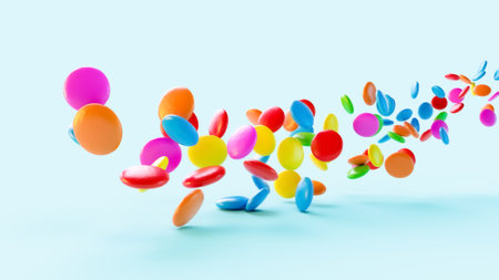 Colorful Chocolate coated Candies flowing in the air sky blue background. Copy space 3d rendering 3d...