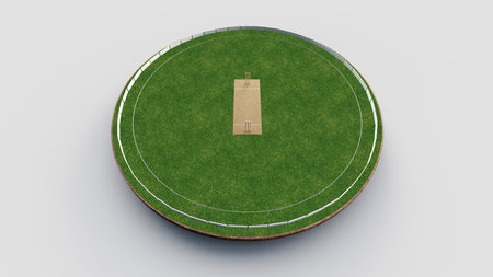 Cricket Stadium Top view on cricket pitch or ball sport game field, grass stadium or circle arena for cricketer series, green lawn or ground for batsman, bowler. Outfield 3D Illustrationの写真素材