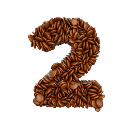 Digit 2 made of chocolate Coated Beans Chocolate Candies Alphabet Word Two 3d illustrationの写真素材
