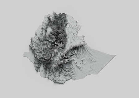 Ethiopia Map Shaded relief Grey color Height map on the Black and white Background 3d illustrationの写真素材