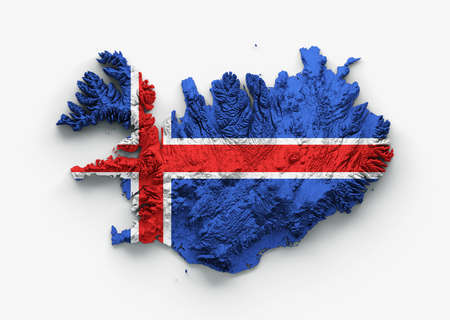 Iceland Map Iceland Flag Shaded relief Color Height map on white Background 3d illustrationの写真素材