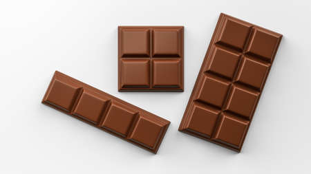 Milk chocolate pieces isolated on white background from top view 3d rendering 3d illustrationの写真素材