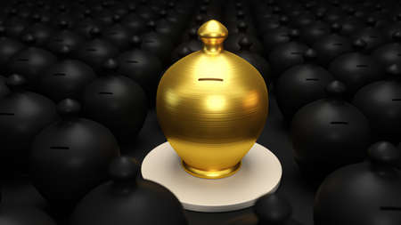 Money saving bank, Gold Gullak gulak coin box in between of many black clay coin box Money saving concept 3d rendering 3d illustrationの写真素材