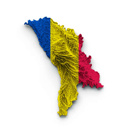 Moldova Map Moldova Flag Shaded relief Color Height map on white Background 3d illustrationの写真素材