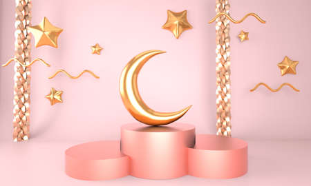 Ramadan Kareem greeting template with moon. Podium, stand on holiday light background for advertising products - 3d.の写真素材