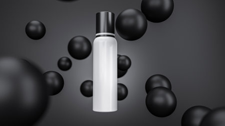 White silver cosmetic spray bottle black balls sphere isolated background Realistic cosmetic mockup....