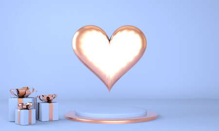 Valentine's Day interior with pedestal, hearts. Stand, podium, pedestal for goods. Love greeting card. 3d rendering.の写真素材