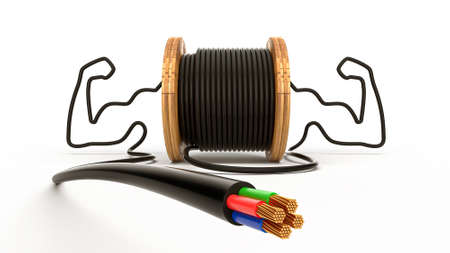 Wire electric cable strong arm bicep on wooden coil or spool isolated on safe electric powerful...