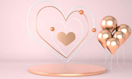 Valentine's Day interior with pedestal, hearts. Stand, podium, pedestal for goods. Love greeting card. 3d rendering.の写真素材