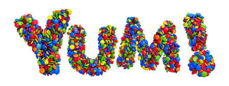 Word Yum of multicolored rainbow candies Festive isolated on white background 3d illustrationの写真素材