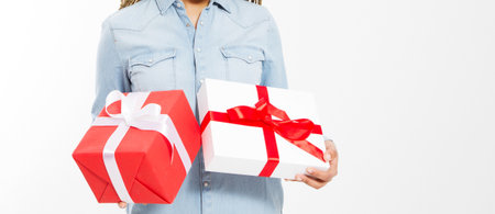 female hand hold gift boxes isolated on white background,woman and presents