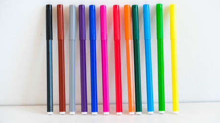 Multicolored felt-tip pens on a white background.